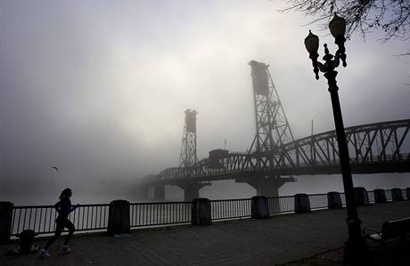 Mlha zahalila Hawthornv most nad ekou Willamette v Portlandu. Spojen stty se potkaj s vnon bou, kter zasypala zemi neekanm mnostvm snhu (24. prosince 2009)