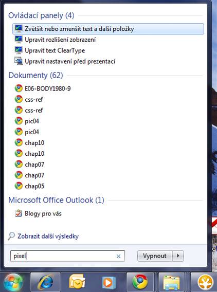 Vyhledvn v nabdce Start obsahuje (podle nastaven) vsledky z Ovldacch panel, Dokumenty, Outlookem, programy apod.