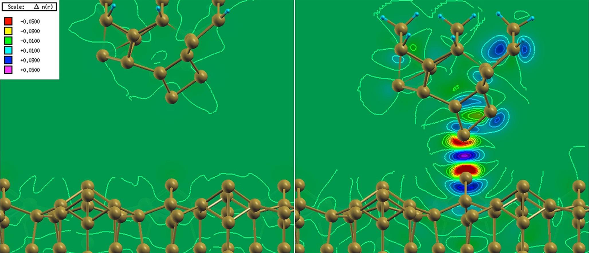 Výsledek po�íta�ové simulace zobrazující zm�nu rozlo�ení elektronové hustoty v okolí atomu na povrchu pevné látky v d�sledku interakce s hrotem mikroskopu p�i r�zné vzdálenosti.