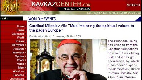 Miloslav Vlk na webu islámských radikál z Kavkazu (9. ledna 2010)