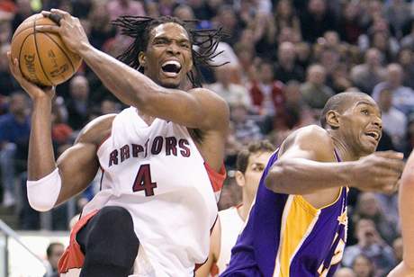 Toronto - LA Lakers: domácí Chris Bosh (vlevo) útoí pes Andrewa Bynuma