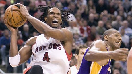 Toronto - LA Lakers: domácí Chris Bosh (vlevo) útoí pes Andrewa Bynuma