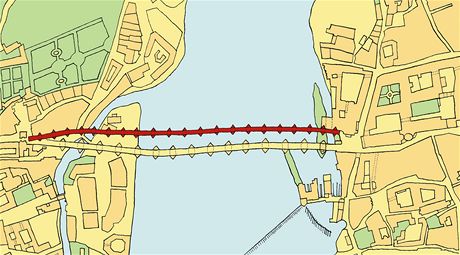 Juditin most - Juditin most je zaznačen červenou barvou. Žlutě je zakreslen Karlův most.