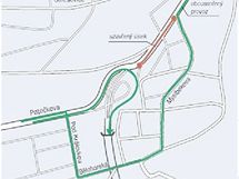 Mapa objzdn trasy v dob, kdy bude uzavena Patokova ulice v Praze