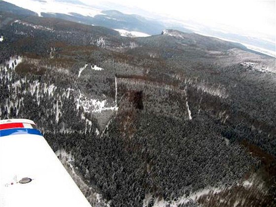 Po pádu zaala cessna hoet. Na leteckém snímku je vidt ást spáleného lesa (tmavé místo uprosted snímku). (15. února 2010)