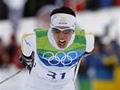 Finiš nové olympijské vítězky v běhu na lyžích Charlotte Kallaové ze Švédska 