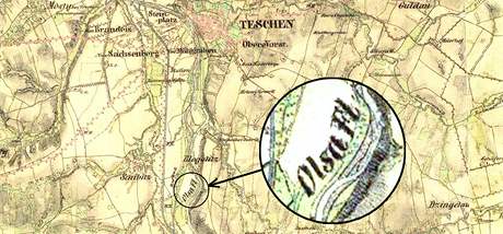Na historické map z první poloviny 19. století se pouíval název Olsa. V horní ásti snímku je msto Tín (dnes eský Tín).