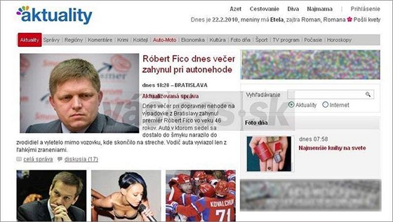Zpráva o údajné smrti slovenského premiéra Roberta Fica na webu napodobujícím server Aktualne.sk.