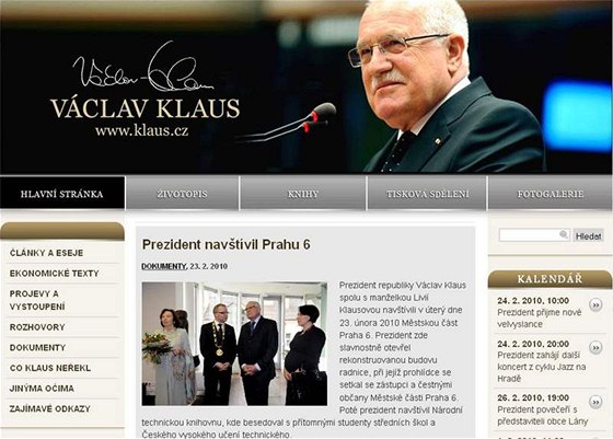 Webové stránky Václava Klause v roce 2010.