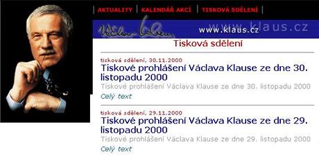Webov strnky Vclava Klause v roce 2000