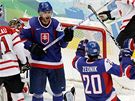 JET JEDEN. Sloventí hokejisté se radují z druhého gólu v semifinále proti Kanad. K vyrovnání jim chybla jediná branka.