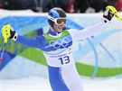 Giuliano Razzoli z Itálie se raduje po dojetí své jízdy v olympijském slalomovém závod mu.