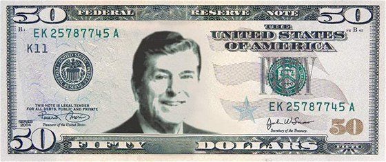 Bývalý americký prezident Ronald Reagan na padesátidolarové bankovce. Ilustraní foto