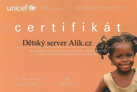 Certifikt, kter obdrel server Alk.cz od eskho vboru pro UNICEF.
