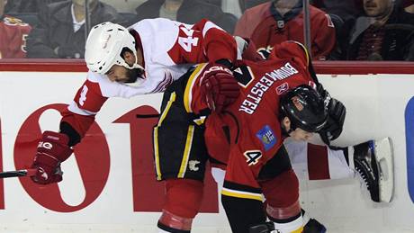 Souboj  detroitského bijce Todda Bertuzziho (vlevo) a Jaye Bouwmeestera z Calgary.