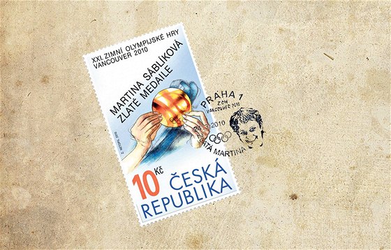 Potovní známka s razítkem se zlatou olympijskou vítzkou Martinou Sáblíkovou.