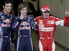 Nejlepí v kvalifikaci Velké ceny Austrálie: (zleva) Mark Webber, Sebastian Vettel a Fernando Alonso.