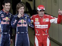 Nejlep v kvalifikaci Velk ceny Austrlie: (zleva) Mark Webber, Sebastian Vettel a Fernando Alonso.