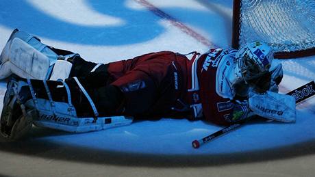 INKASOVAL. T�inecký branká� Roman Hamerlík dostal gól od Pardubic, které postoupily do semifinále. 