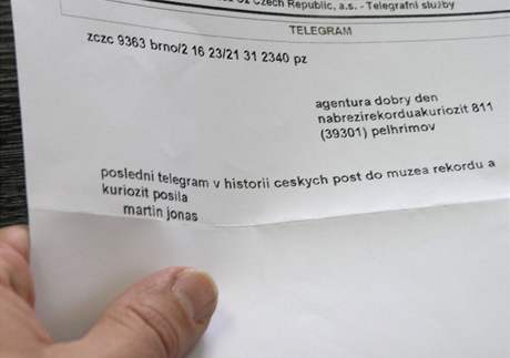 Poslední podaný telegram v esku putoval z Brna do Pelhimova
