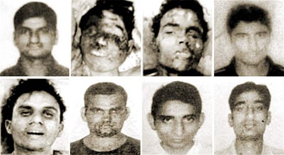 Policejní fotografie zastelených terorist po útocích v indické Bombaji v roce 2008. Pi atentátech tehdy zahynulo pes 170 lidí.