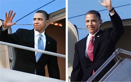 Do letadla v americk leteck zkladn Andrews nastupoval Barack Obama v modr kravat, v Praze vystupoval v erven. (8. dubna 2010)