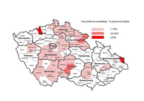 Mapka zobrazující procenta pozitivních nálezů z klíšťat laboratorně vyšetřených na danou infekci týmem Dr. Burýškové v letech 2006 až 2009. 