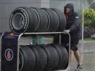 Druhý trénink na GP Malajsie - mechanik týmu Red Bull veze pneumatiky