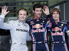 Zleva: Rosberg, Webber, Vettel - mezi temi nejlepími v kvalifikaci Velké ceny Malajsie opt nechybli zástupci Red Bullu, jen pibyl Rosberg z Mercedesu.