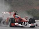 Fernando Alonso s vozem Ferrari v detivé kvalifikaci GP Malajsie.