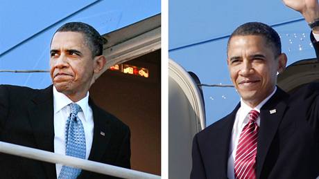 Do letadla v americké letecké základn Andrews nastupoval Barack Obama v modré kravat, v Praze vystupoval v ervené. (8. dubna 2010)