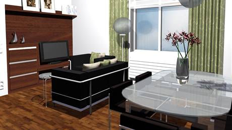 Byt je zaízený v kombinaci bílé barvy s tmavým desénem deva na nábytku