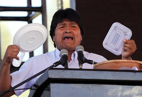 Bolivijsk prezident Evo Morales na ekologick konferenci v Cochabamb (20. dubna 2010) 