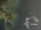 Satelitní snímek ropné skvrny v Mexickém zálivu, jak ji zachytila 25. dubna NASA. (25. dubna 2010)