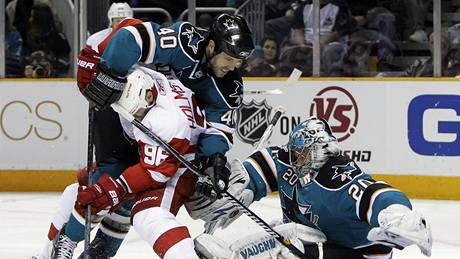 Tomas Holmström z Detroitu se bije p�ed brankou San Jose.