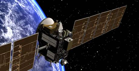 Vizualizace sondy Dawn jet u Zem. Sonda míí do pásu asteroid mezi Marsem a Jupiterem.