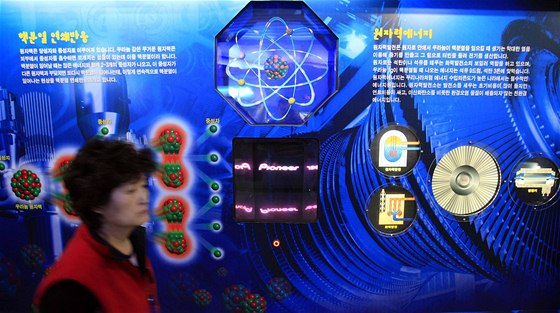 Jihokorejka prochází kolem diagramu termonuklární fúze. (12. kvtna 2010)