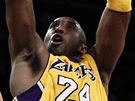 Kobe Bryant z LA Lakers stílí pes Jareda Dudleyho z Phoenixu Suns