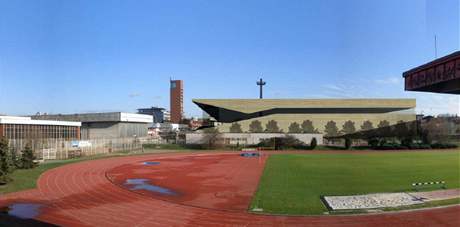 Vizualizace nové arény v Edenu - pohled z atletického stadionu. Stávající stadion je vlevo