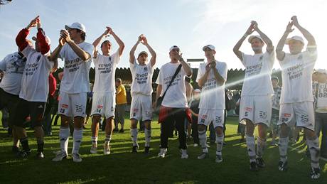 Fotbalisté Hradce Králové ve vítzných trikách oslavují postup do první ligy.