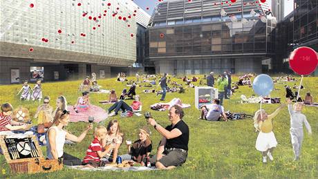 Piknik u divadla. Jeden z projekt� navrhuje vytvo�it piknikové posezení za Novou scénou.