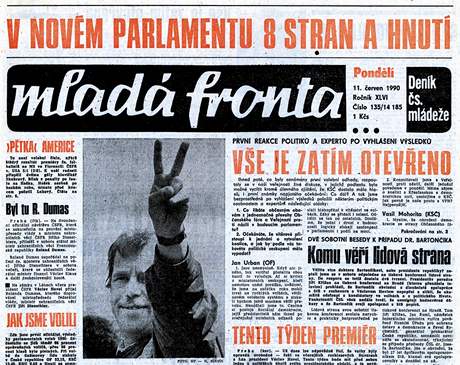 Mladá fronta z 11. června 1990 ohlašuje výsledky prvních svobodných voleb