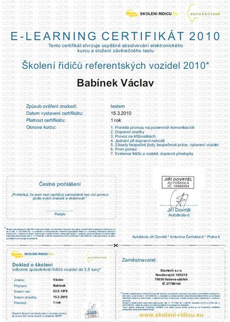 Školení řidičů - certifikát