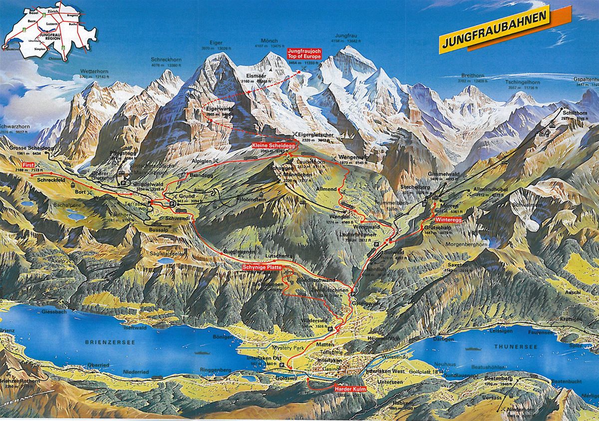 Mapka elezninch trat pod Jungfrau (vcarsko)