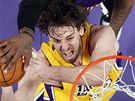 Pau Gasol (ve lutém) z LA Lakers je zblokován Amar´em Stoudemirem z Phoenixu Suns