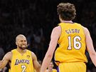 Derek Fisher (vlevo) a Pau Gasol z LA Lakers se radují z triumfu v sedmém finále NBA