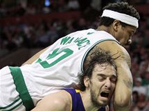 TUM! Rasheed Wallace z Bostonu Celtics si vyskoil na Paua Gasola z LA Lakers