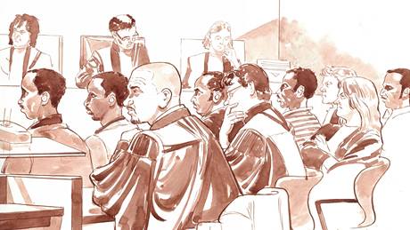 Skica ze soudní sín� z prvního dne procesu se somálskými piráty v Rotterdamu (25. kv�tna 2010)