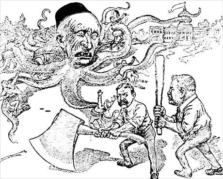 Na karikatue z roku 1900 je prmyslnk John D. Rockefeller vyobrazen jako chobotnice a americk prezident Theodore Roosevelt jako mu se sekerou.