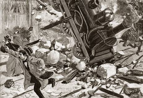 Vlaková nehoda na pařížském nádraží Montparnasse na dobové kresbě.